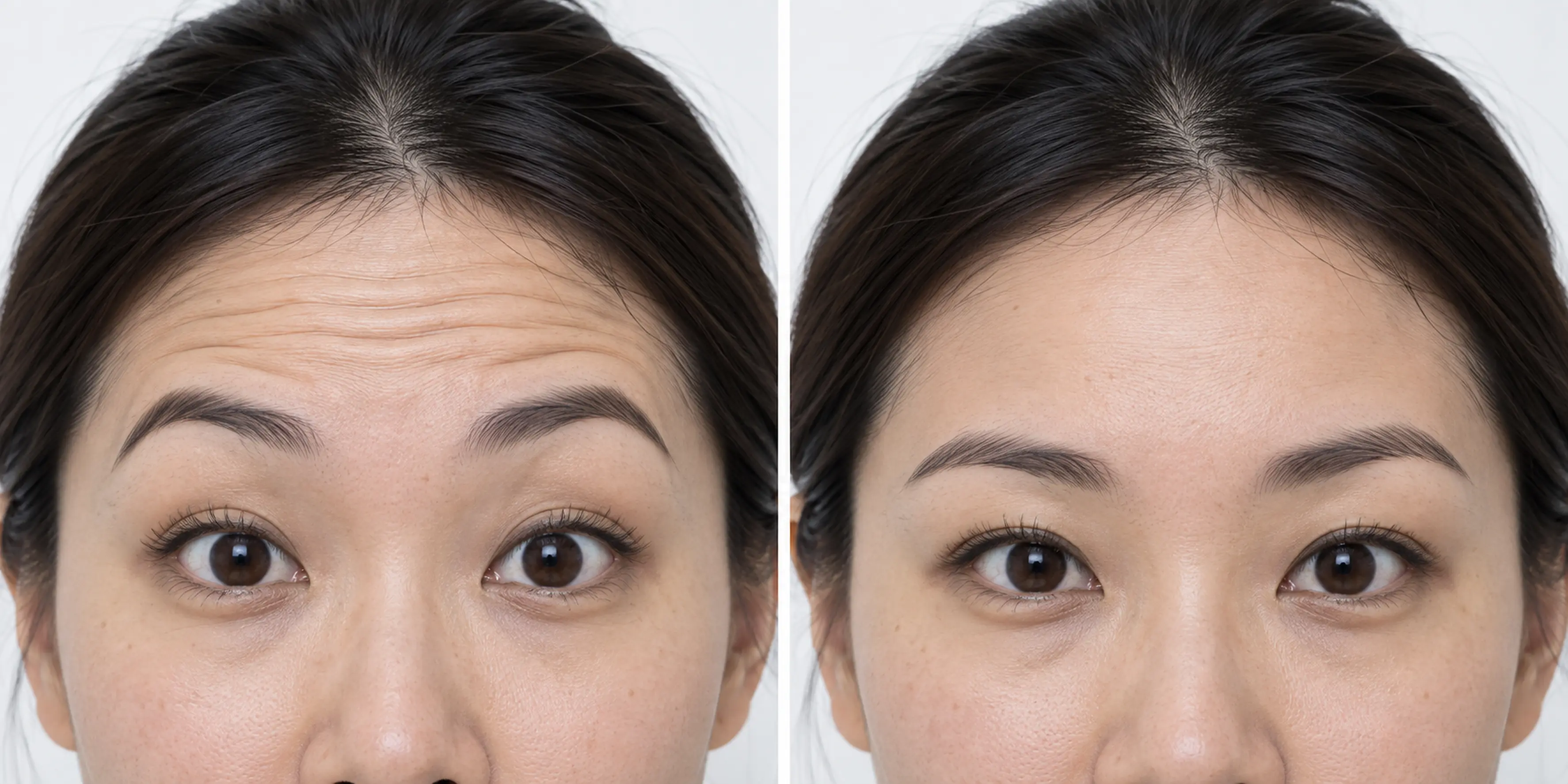 Wanita dewasa mengerutkan dahi sedikit dengan garis semula jadi yang kelihatan pada dahi dan antara kening