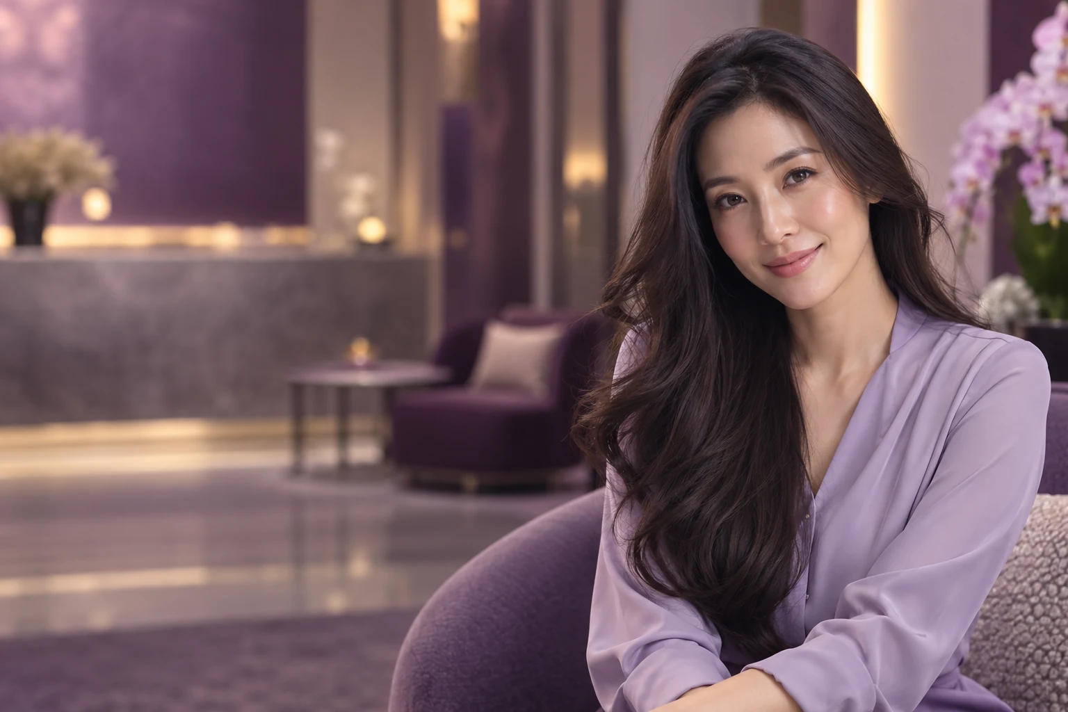 Woman with long dark hair in a lavender clinic lounge