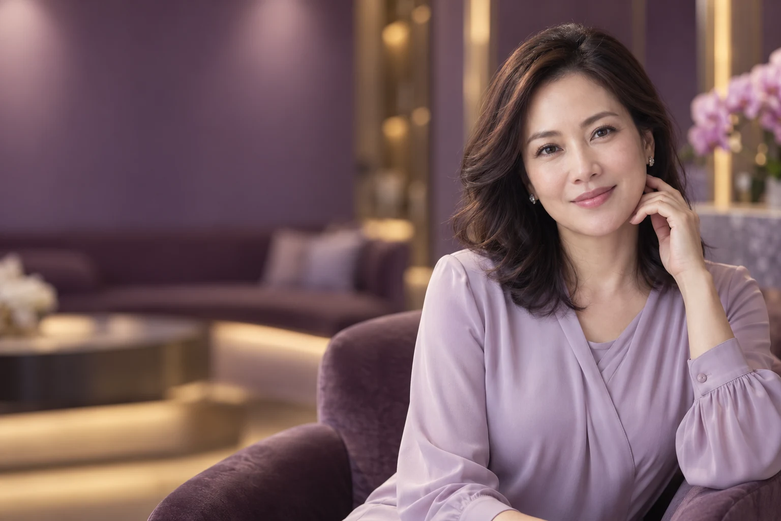 Woman in a lavender clinic lounge