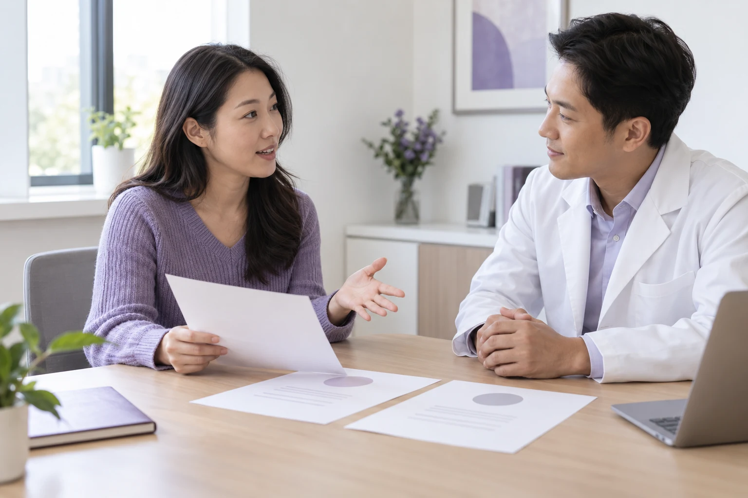 Adult Asian patient and clinician reviewing options on a tablet
