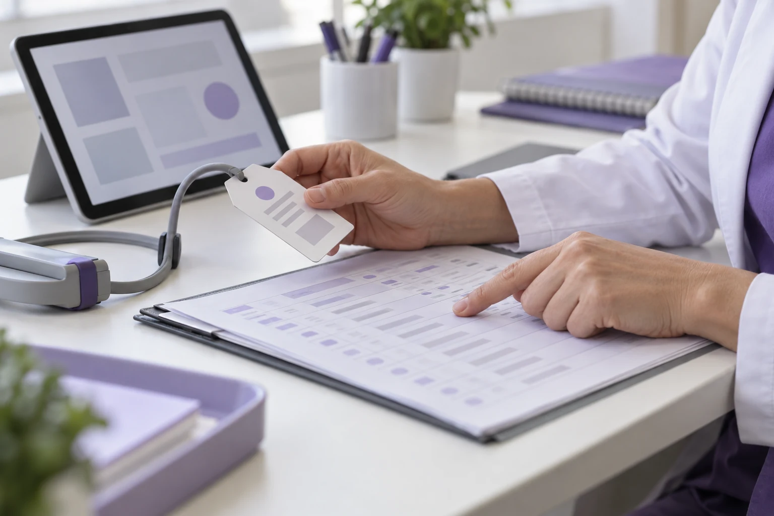Clinician and adult Asian patient discussing a generic device interface