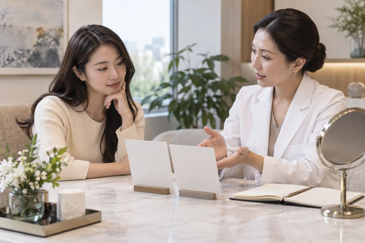 Adult patient comparing recovery and follow-up questions with a clinician
