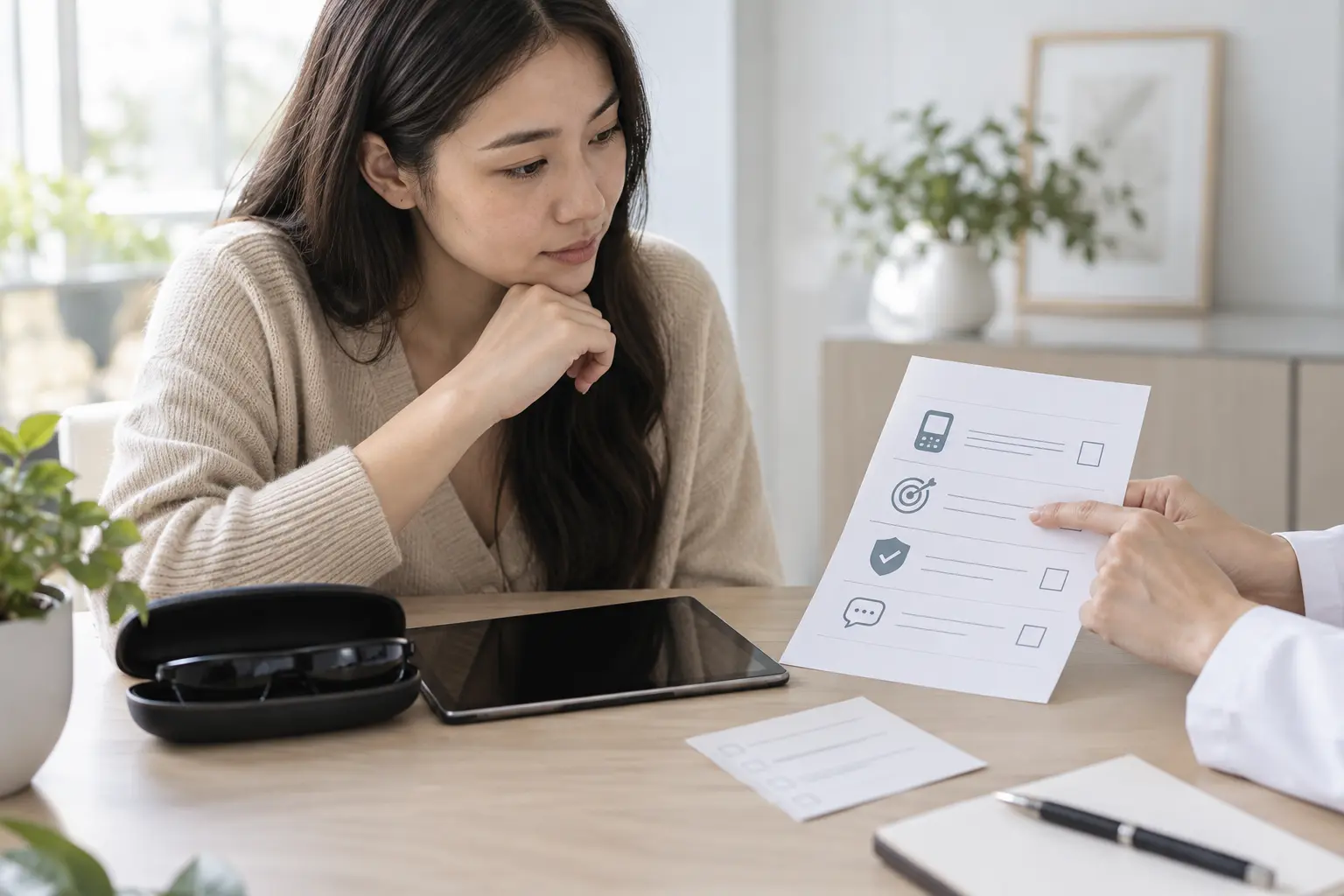 Adult patient checking device purpose and safety questions before deciding