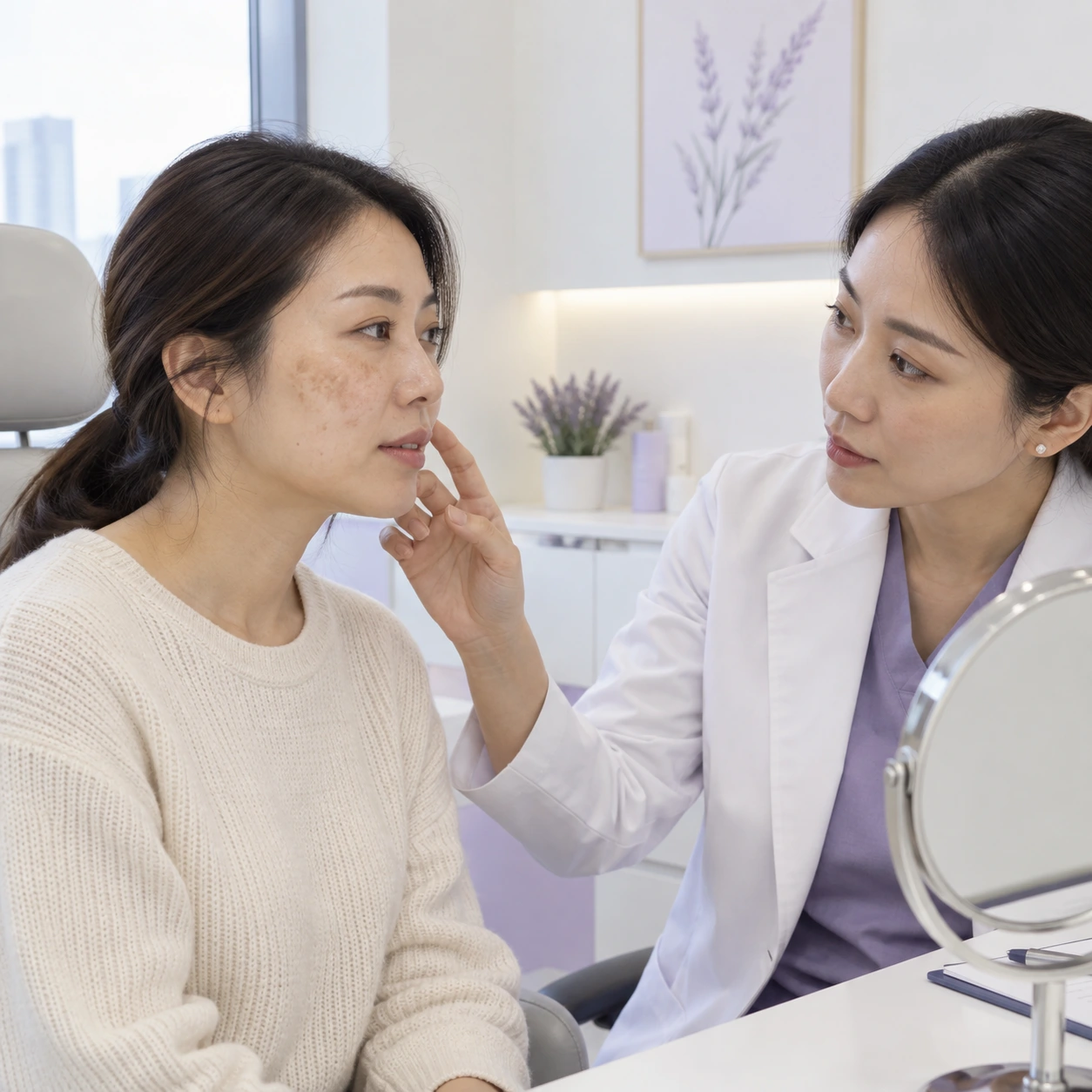 Clinician assessing patchy pigment on an adult patient’s cheek