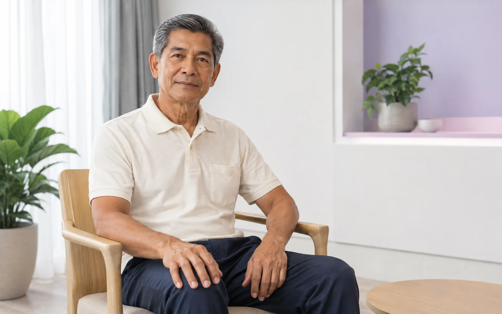 Adult model in a seated knee-consultation context