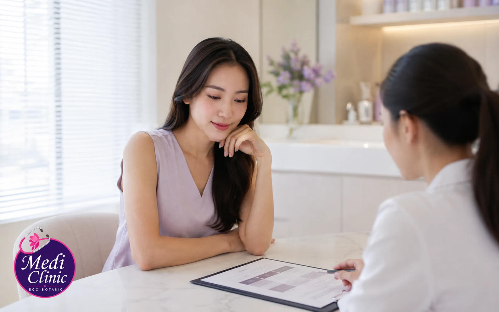 Illustrative skin-wellness consultation for IV drip questions