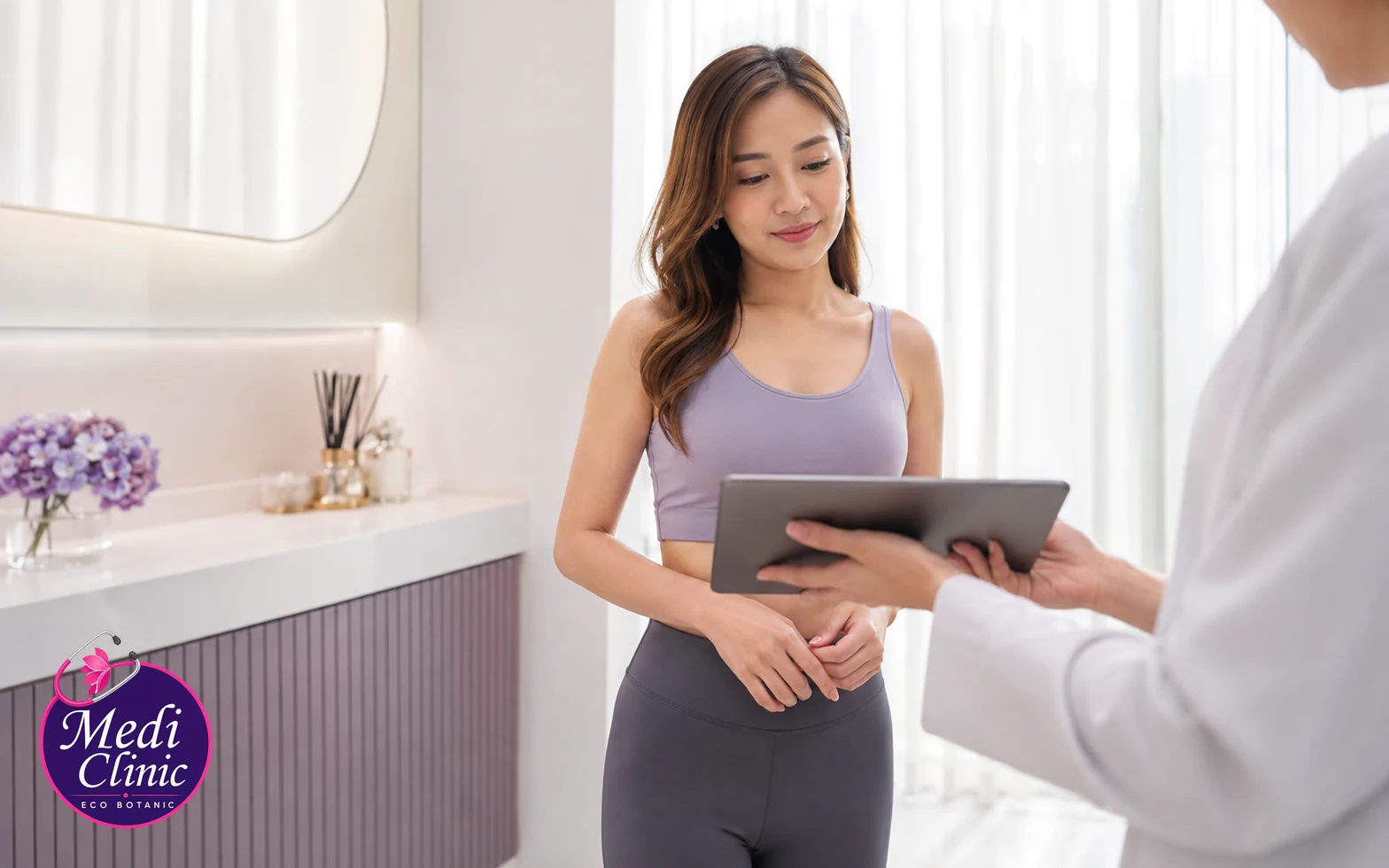 Illustrative body-contouring consultation in a premium clinical setting