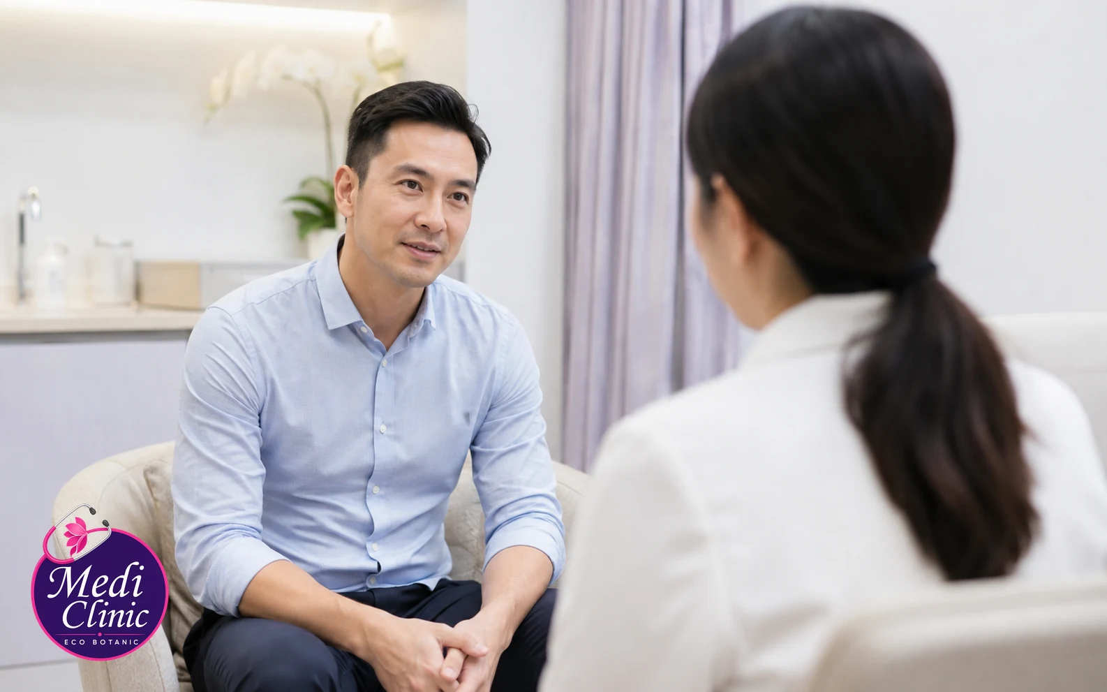 Illustrative private men's wellness consultation for P-Shot treatment questions