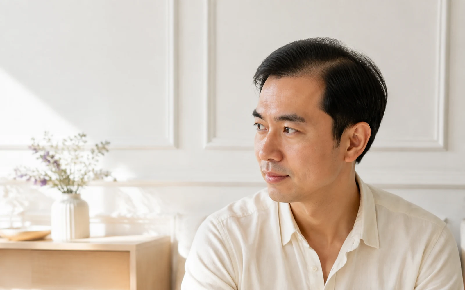Illustrative adult man with a natural side-part hairstyle in a cream linen shirt