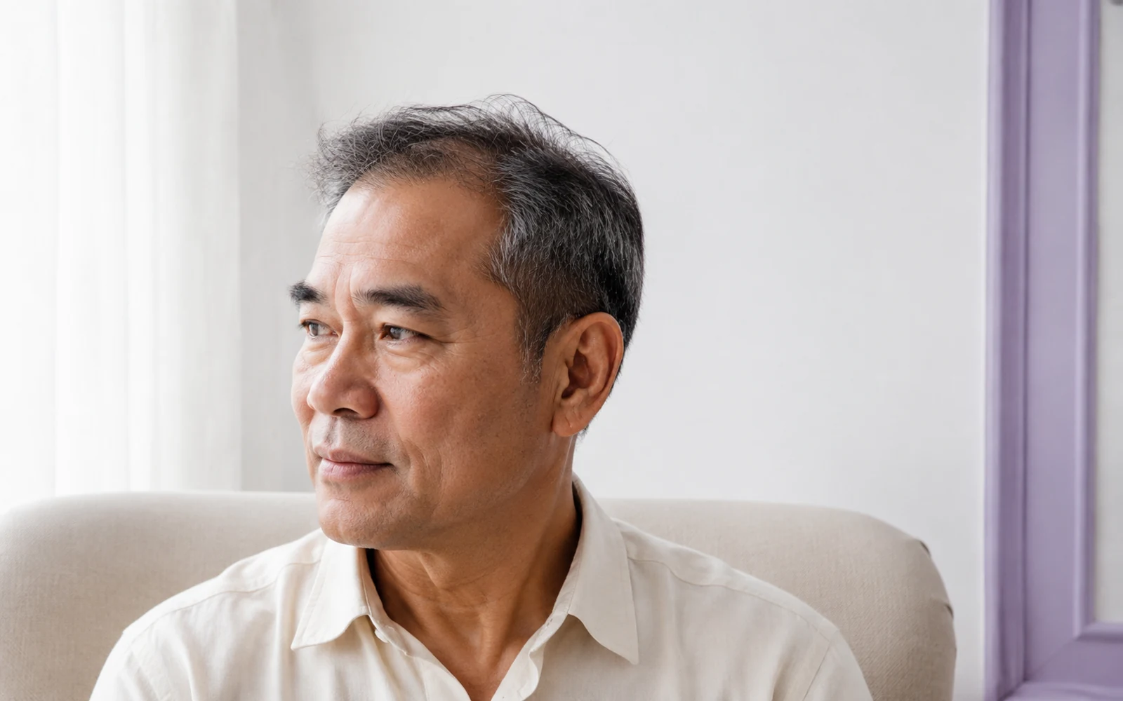 Illustrative mature man with short silver-black hair and an ivory shirt