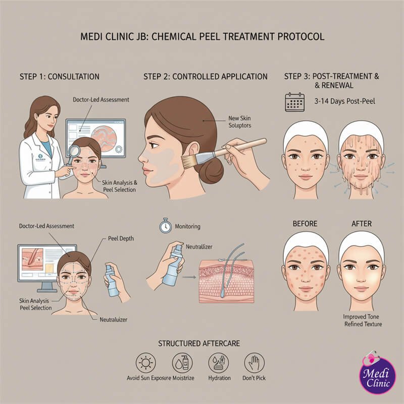 Chemical peel consultation and skin analysis at Medi Clinic JB near Singapore. Chemical peel consultation and skin analysis at Medi Clinic JB near Singapore.