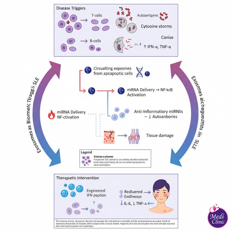 Diagram illustrating how exosomes deliver regenerative signals to target cells for skin, hair, and joint support at Medi Clinic JB. Diagram illustrating how exosomes deliver regenerative signals to target cells for skin, hair, and joint support at Medi Clinic JB.