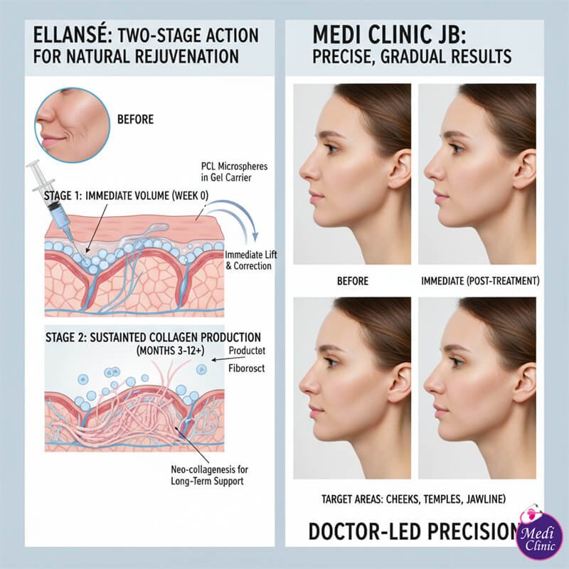 Diagram of Ellansé PCL filler stimulating collagen in our Johor Bahru clinic