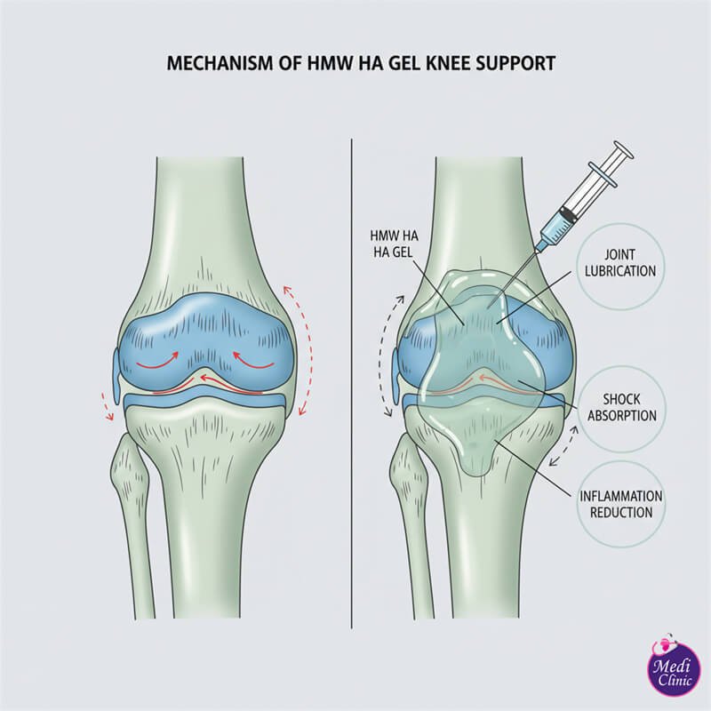 Diagram showing how HMW HA gel injection lubricates the knee joint in Johor Bahru. Diagram showing how HMW HA gel injection lubricates the knee joint in Johor Bahru.