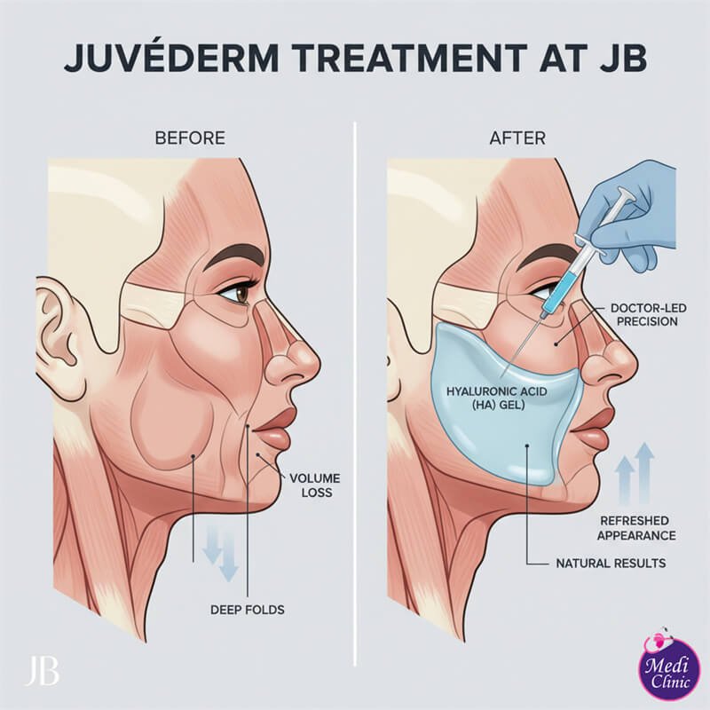 Diagram showing how JUVÉDERM HA filler JB restores facial volume and smooths wrinkles Diagram showing how JUVÉDERM HA filler JB restores facial volume and smooths wrinkles