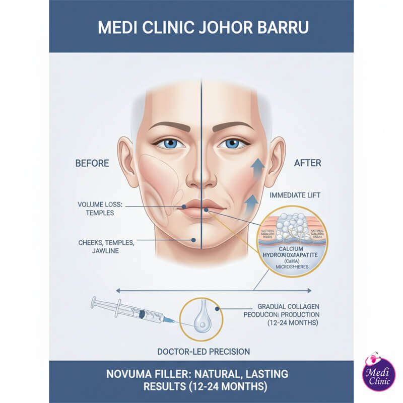 Diagram showing how Novuma filler JB with CaHA microspheres stimulates collagen