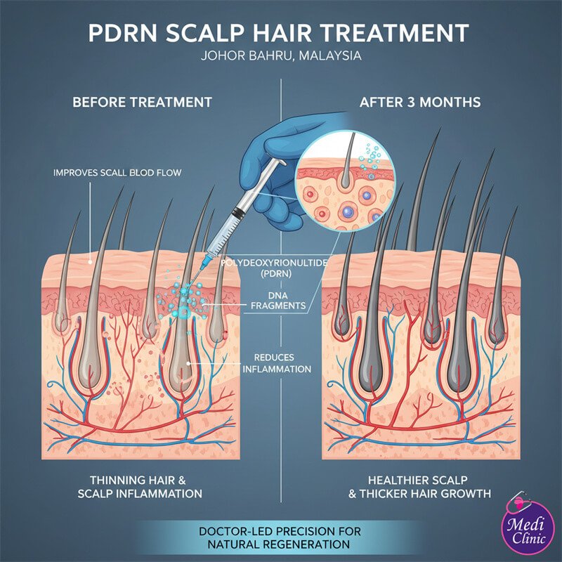Diagram showing how PDRN scalp treatment in JB supports follicle regeneration