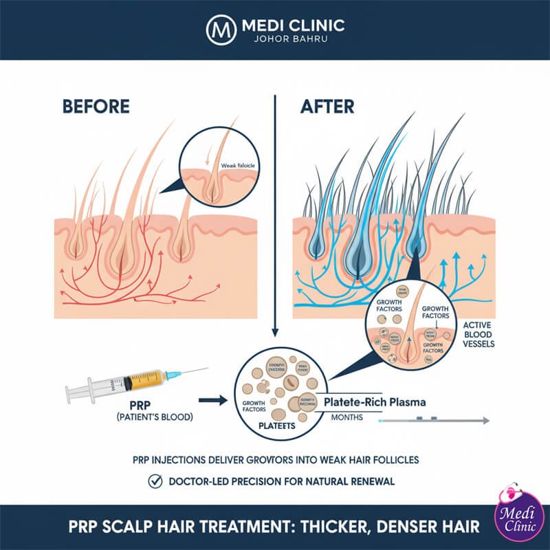 Diagram showing how PRP scalp treatment JB works to stimulate hair follicles at Medi Clinic