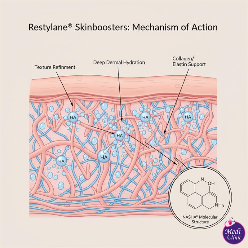 Diagram showing how Restylane Skinboosters hydrate the skin in Johor Bahru. Diagram showing how Restylane Skinboosters hydrate the skin in Johor Bahru.