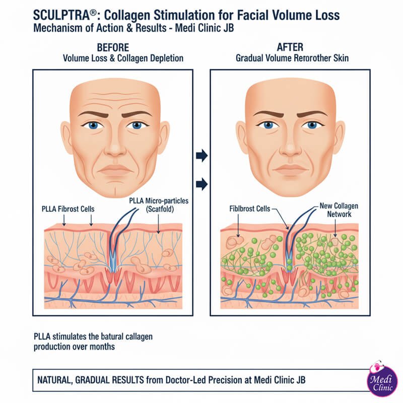 Diagram showing how Sculptra PLLA particles stimulate collagen production in the skin at Medi Clinic JB