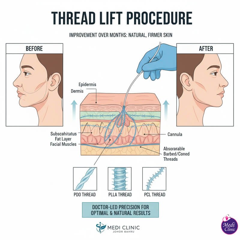 Diagram showing how a thread lift in Johor Bahru works to lift skin and stimulate collagen Diagram showing how a thread lift in Johor Bahru works to lift skin and stimulate collagen