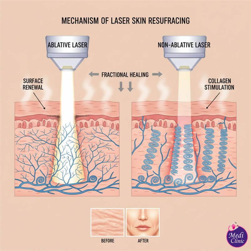 Diagram showing how ablative and fractional laser resurfacing works in Johor Bahru.