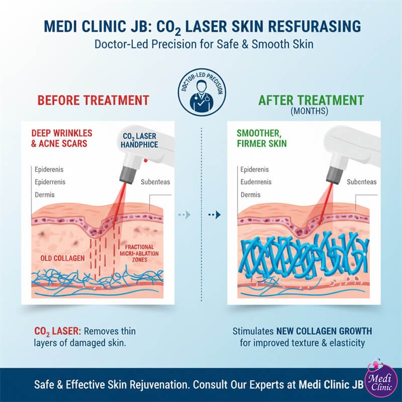 Diagram showing how fractional CO₂ laser JB treats skin columns to stimulate collagen