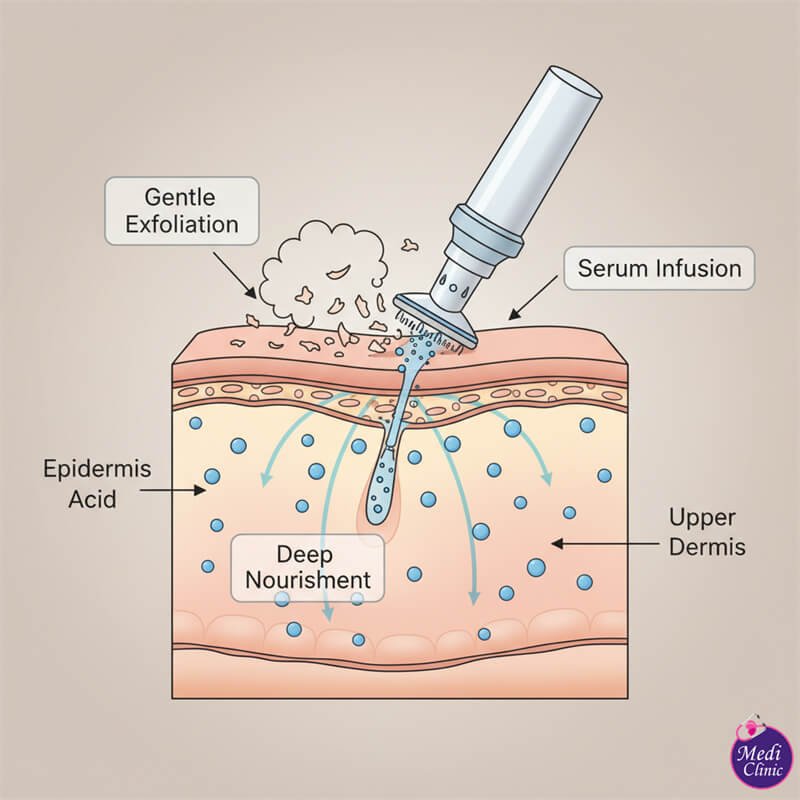 Diagram showing how microdermabrasion with serum infusion works on the skin in Johor Bahru. Diagram showing how microdermabrasion with serum infusion works on the skin in Johor Bahru.