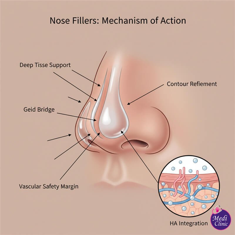 Diagram showing how nose dermal filler works in Johor Bahru.