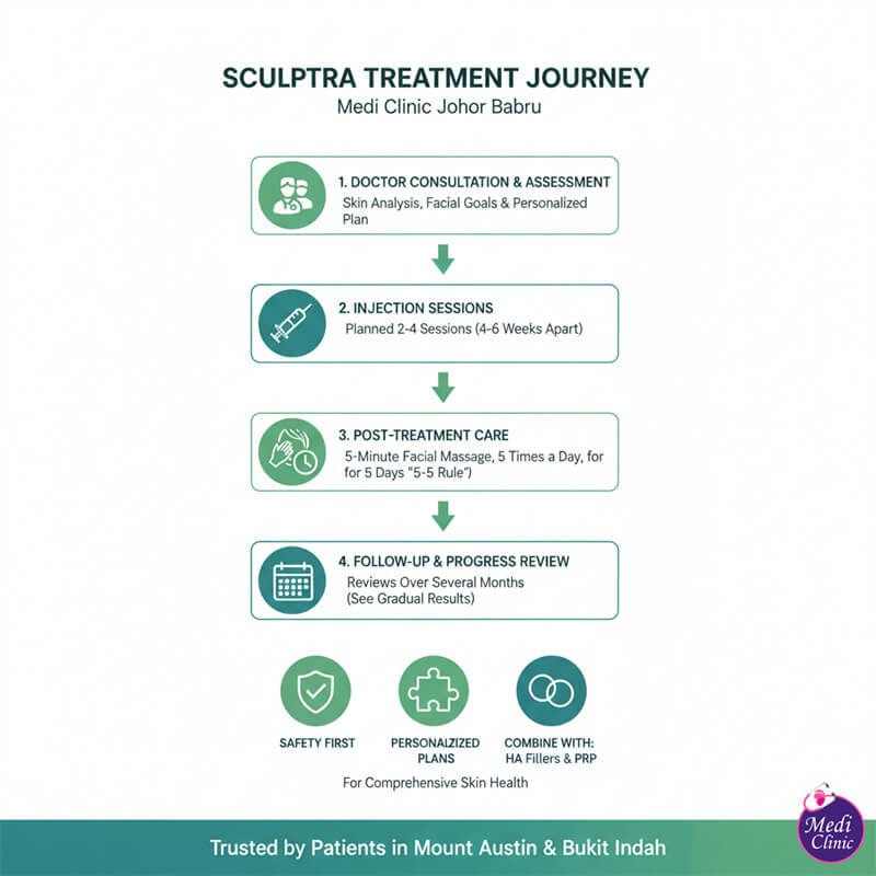 Doctor-led Sculptra treatment planning for a patient from Singapore at Medi Clinic JB
