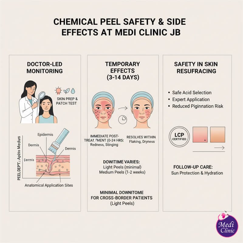 Doctor-led chemical peel protocol at Medi Clinic JB for cross-border patients. Doctor-led chemical peel protocol at Medi Clinic JB for cross-border patients.