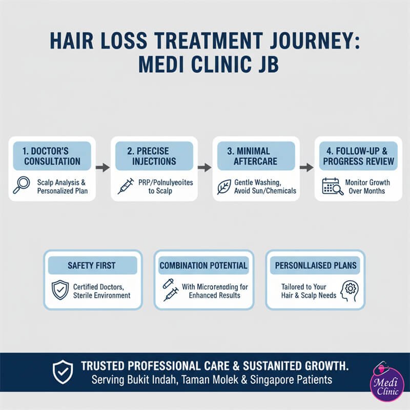 Doctor performing PRP hair loss treatment injections at Medi Clinic Johor Bahru