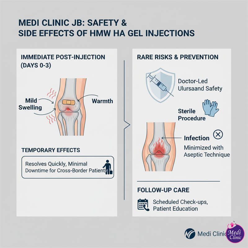 Doctor performing a knee HMW HA gel injection to support joint health. Doctor performing a knee HMW HA gel injection to support joint health.
