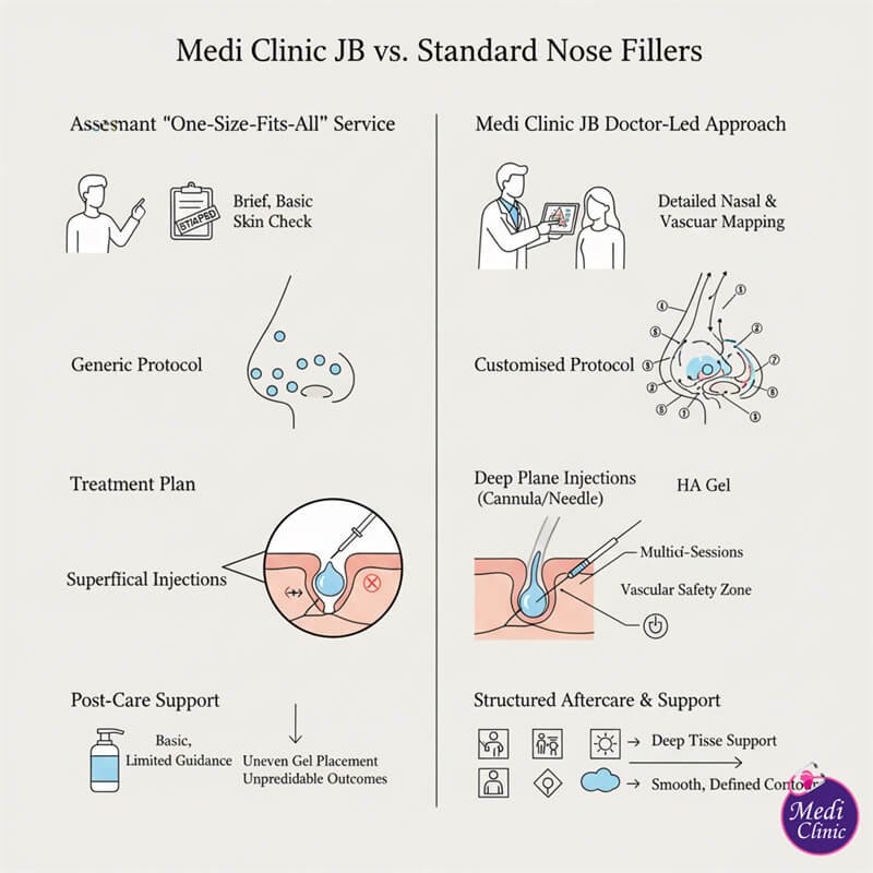 Doctor performing a nose filler treatment with careful technique.