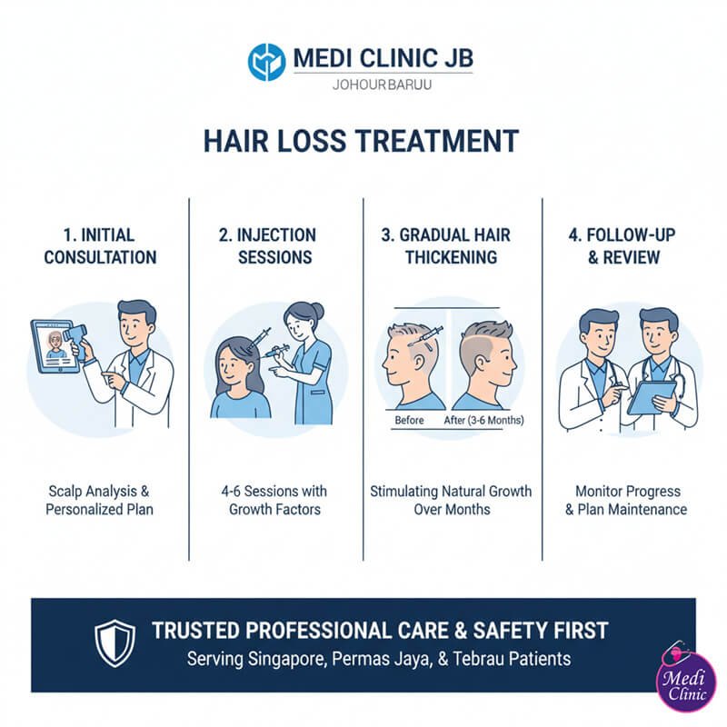 Doctor planning a hair regrowth treatment programme for patient from Singapore at Medi Clinic JB