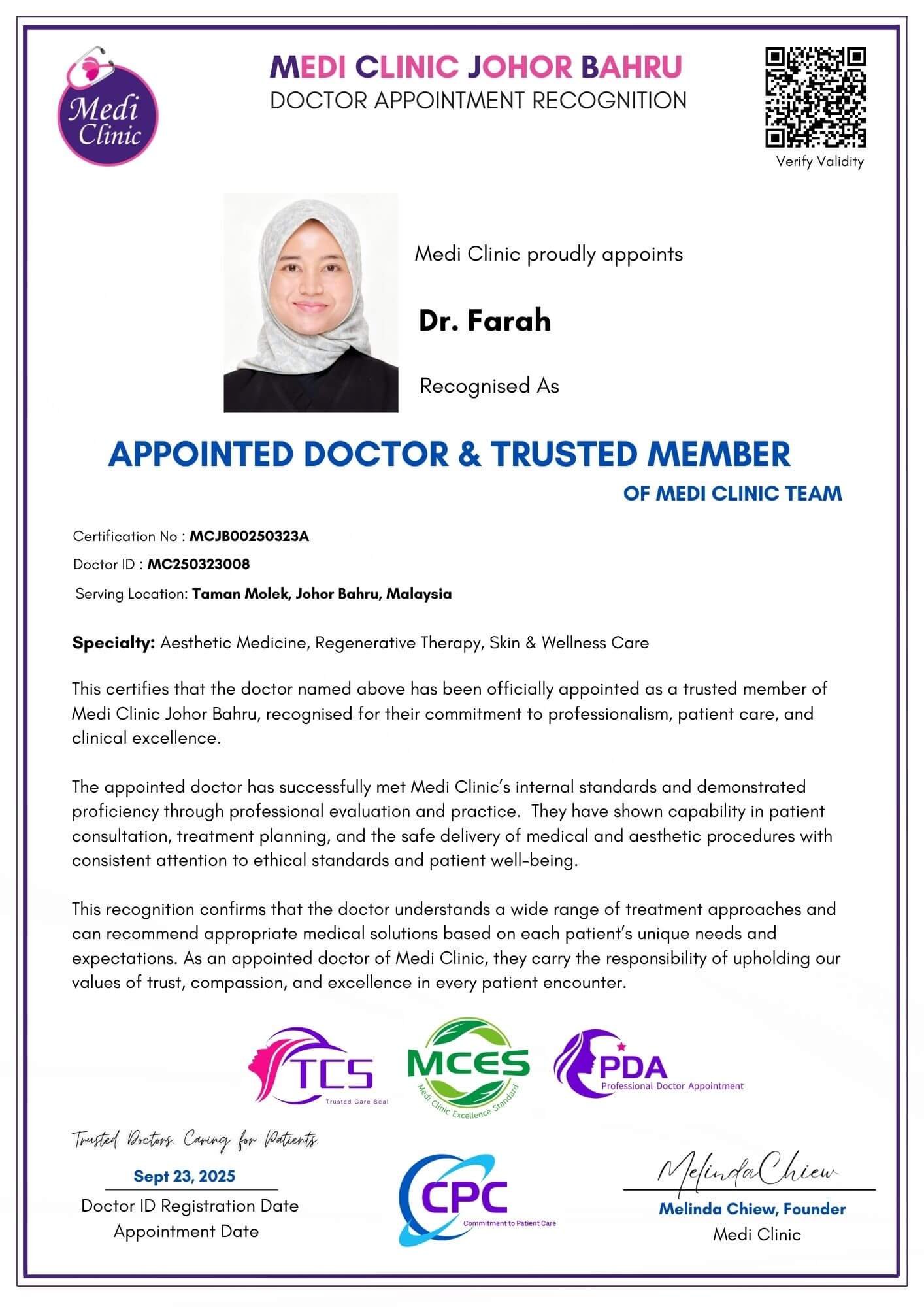 Ảnh hồ sơ chuyên môn của Dr. Farah tại Medi Clinic Johor Bahru | Chăm sóc da | Malaysia