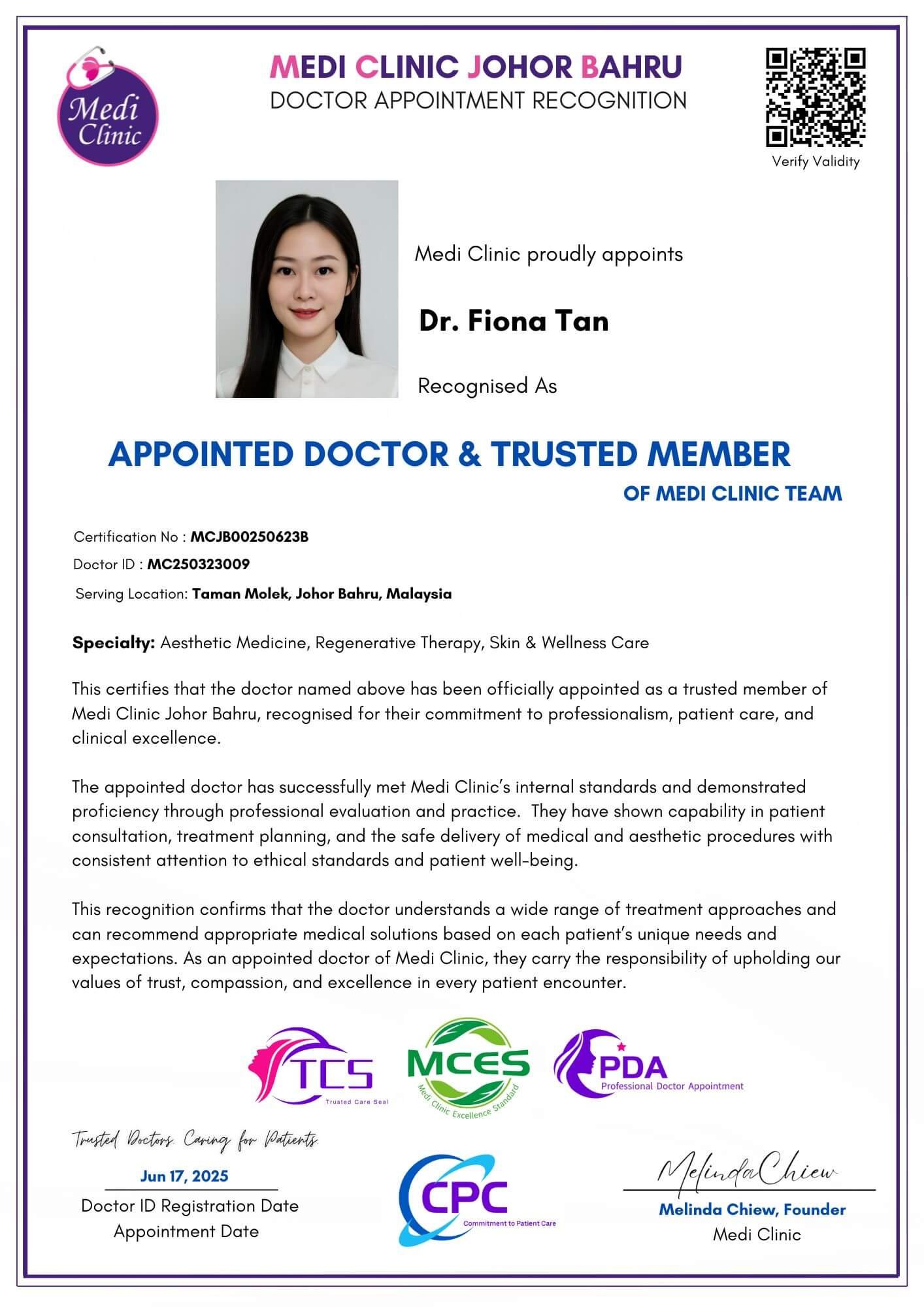 Dr Fiona Tan portrait at Medi Aesthetic Clinic JB Molek