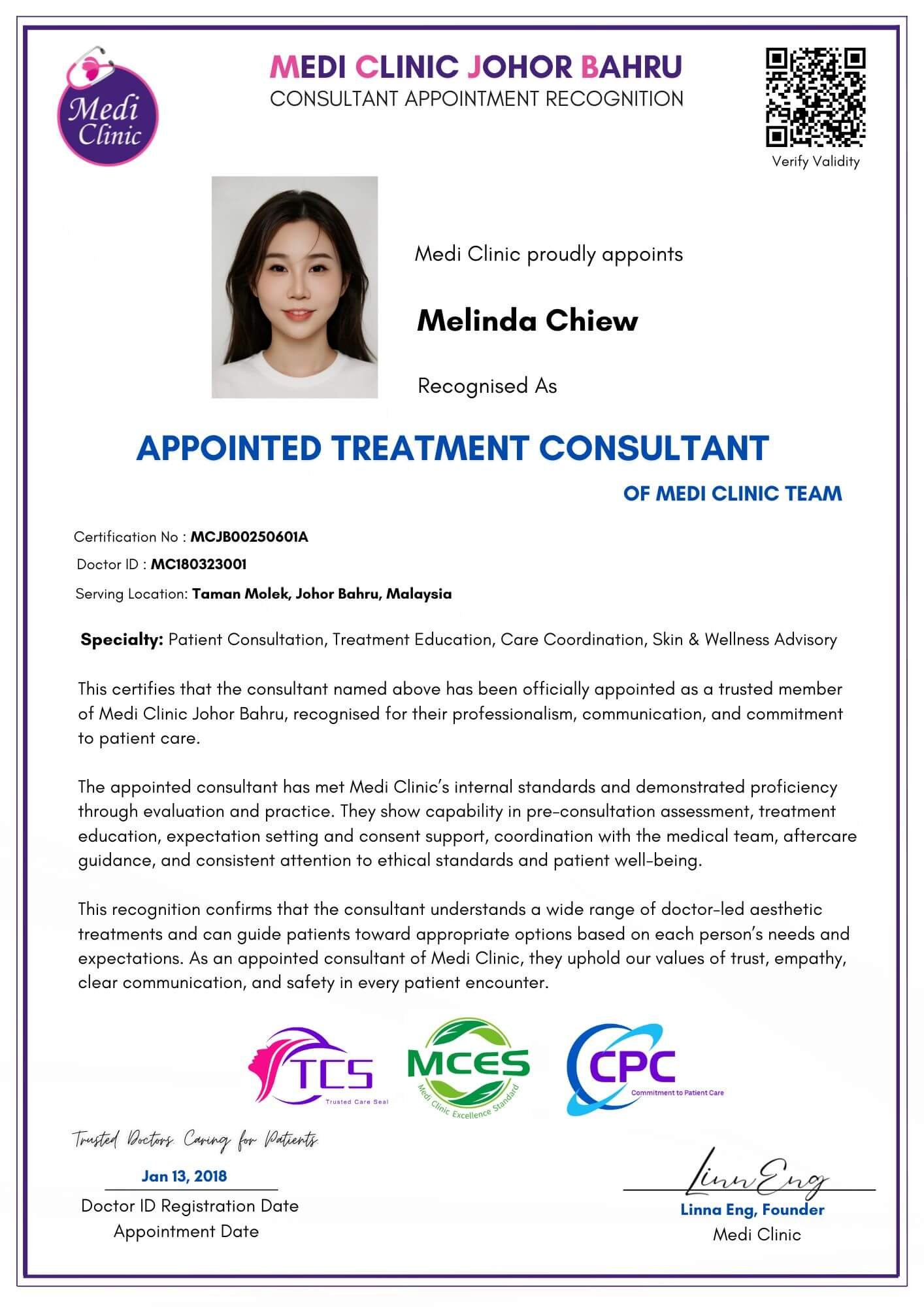 Melinda Chiew portrait at Medi Aesthetic Clinic JB