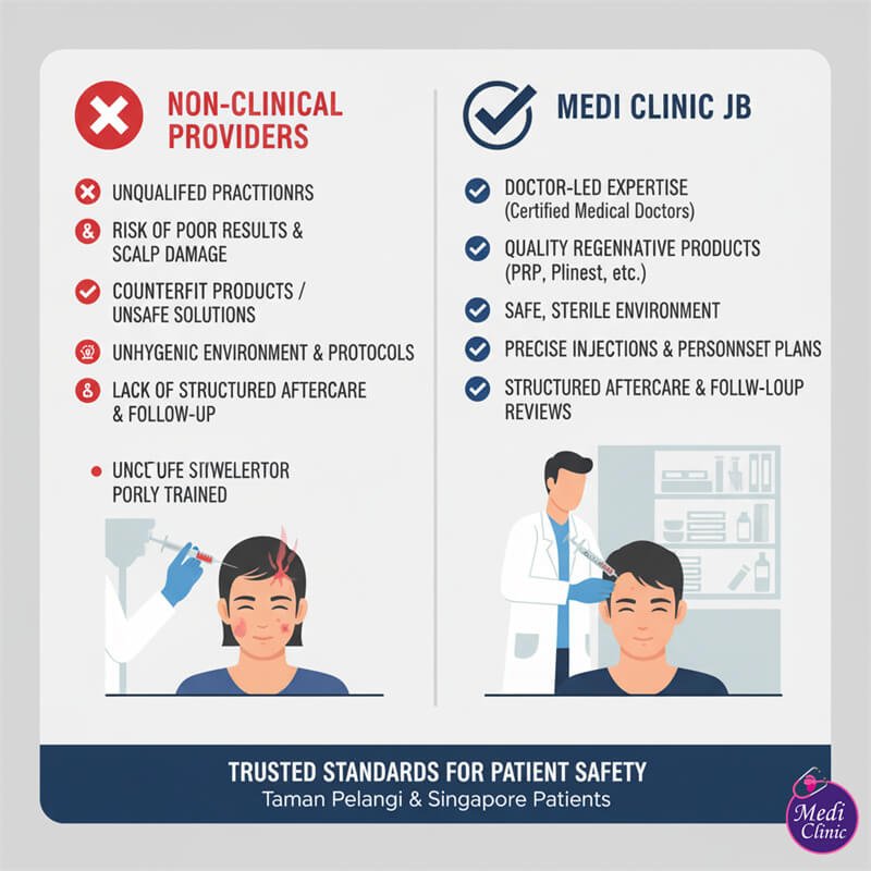 Patient consultation for Plinest hair filler treatment in JB for Singaporean visitor