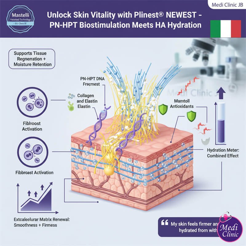 Plinest NEWEST PN-HPT plus hyaluronic acid fibroblast activation and dual-action hydration mechanism for skin quality in JB by Medi Clinic