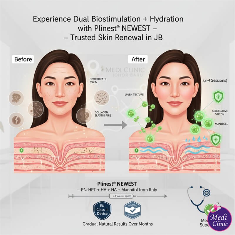 Plinest NEWEST PN-HPT polynucleotide plus hyaluronic acid skin biostimulation injection at Medi Clinic Johor Bahru serving Singaporean patients
