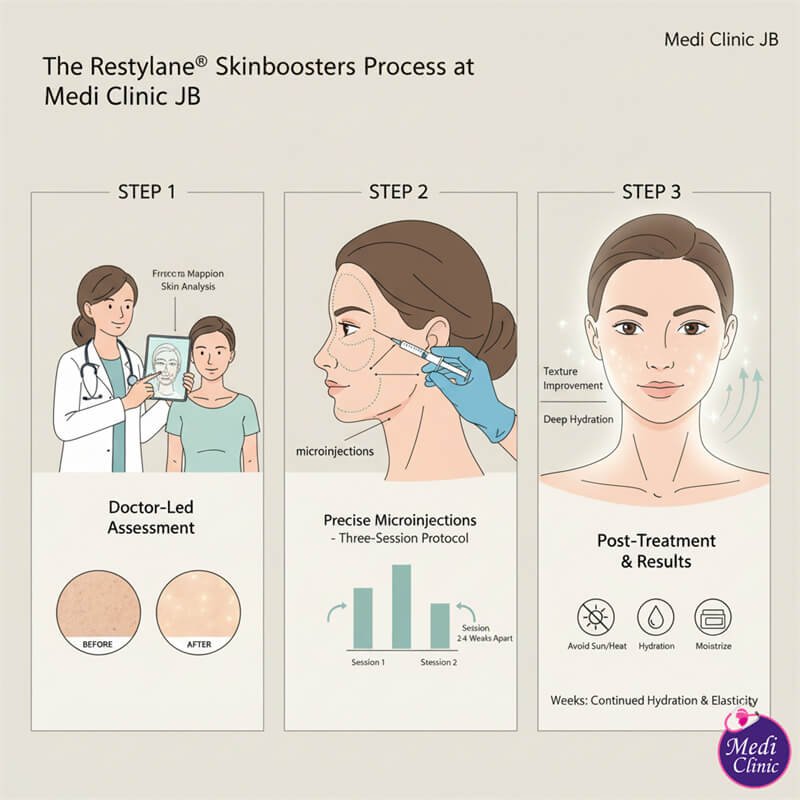 Restylane Skinboosters box and syringe at Medi Clinic JB for skin quality. Restylane Skinboosters box and syringe at Medi Clinic JB for skin quality.