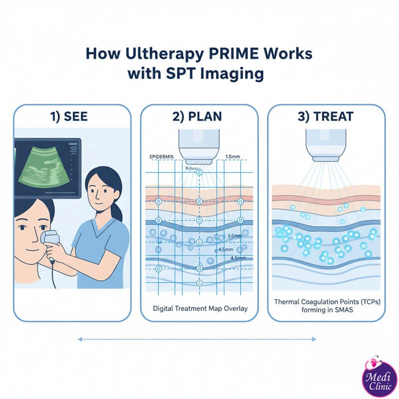 แพทย์ที่ Medi Clinic ยะโฮร์บาห์รูใช้หน้าจอภาพเรียลไทม์ของ Ultherapy PRIME เพื่อวางแผนการยกกระชับโดยไม่ต้องผ่าตัดอย่างแม่นยำ แพทย์วางแผนการรักษา Ultherapy | ยกกระชับไม่ต้องผ่าตัด | มาเลเซีย ยะโฮร์บาห์รู {{AREA_NAME}}