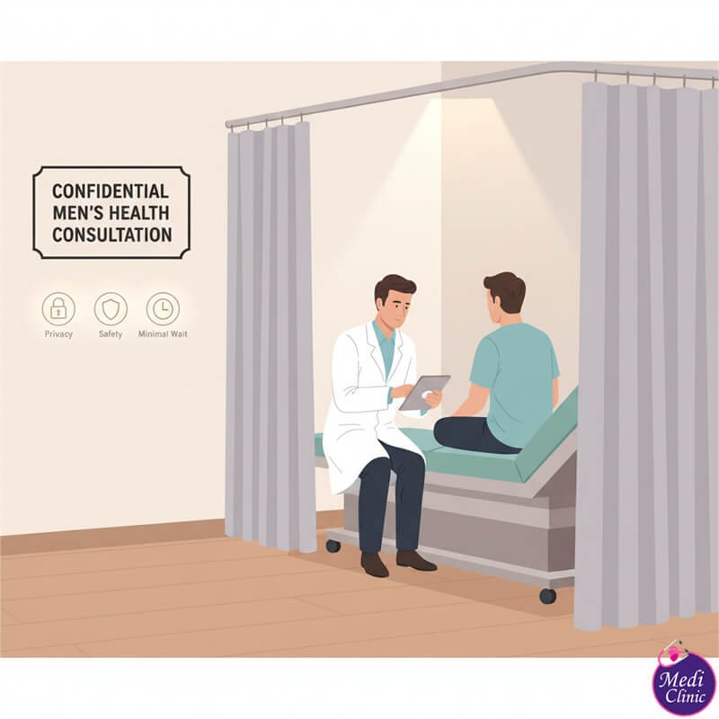 Pesakit dalam persekitaran peribadi dan tenang di Medi Clinic JB, pusat kesihatan lelaki untuk pesakit rentas sempadan. Pesakit dalam persekitaran peribadi dan tenang di Medi Clinic JB, pusat kesihatan lelaki untuk pesakit rentas sempadan.