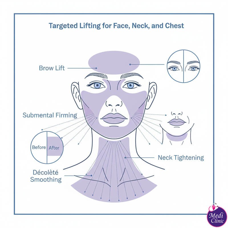 ภาพประกอบแสดงบริเวณที่ได้รับการรับรองจาก FDA สำหรับ Ultherapy PRIME: คิ้ว คอ ใต้คาง และเนินอก ที่ Medi Clinic ยะโฮร์บาห์รู บริเวณที่รักษาด้วย Ultherapy | ยกคิ้ว ยกกระชับคอ | มาเลเซีย ยะโฮร์บาห์รู