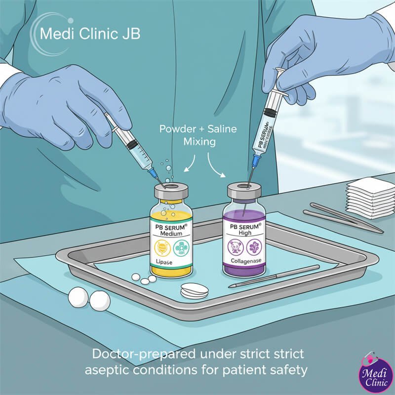 ขวด PB Serum ที่เตรียมไว้สำหรับการรักษาไขมันเฉพาะที่และรอยแผลเป็นที่ Medi Clinic JB สำหรับผู้ป่วยข้ามพรมแดน ขวด PB Serum เตรียมพร้อมสำหรับการสลายไขมันเฉพาะจุดและรักษารอยแผลเป็น | คลินิกยะโฮร์บาห์รู | มาเลเซีย สิงคโปร์