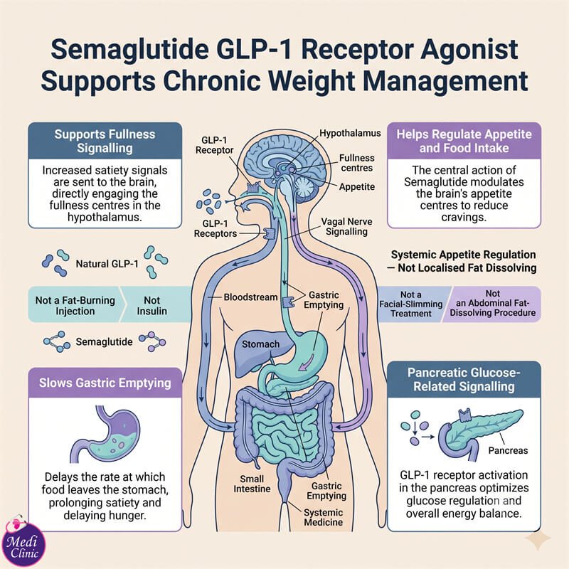 Diagram explaining how semaglutide and GLP-1 medicines regulate appetite Diagram explaining how semaglutide and GLP-1 medicines regulate appetite