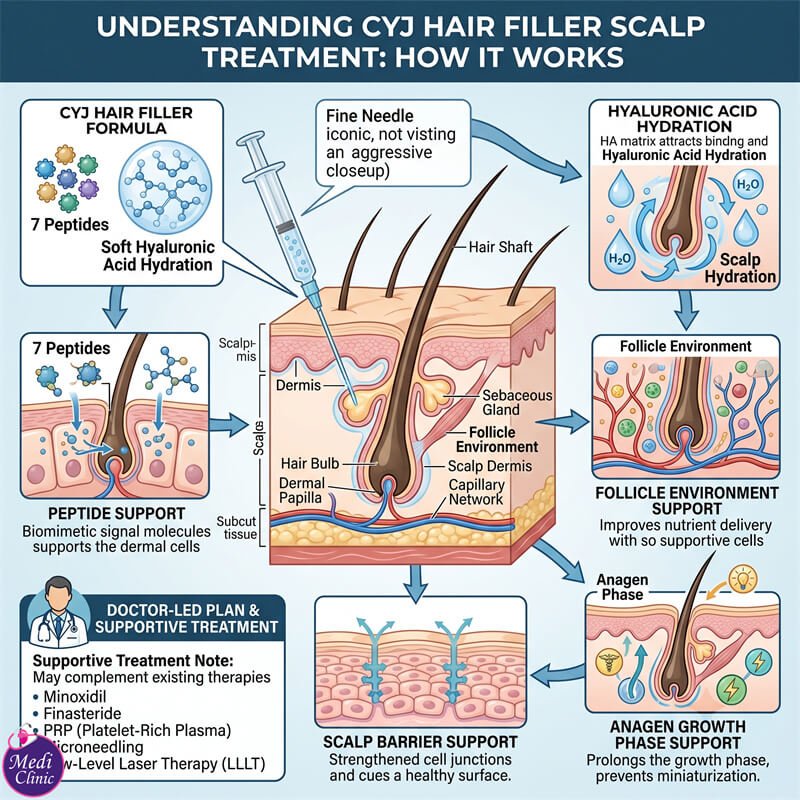 Diagram showing how CYJ Hair Filler supports hair follicles in JB Medi Clinic Diagram showing how CYJ Hair Filler supports hair follicles in JB Medi Clinic