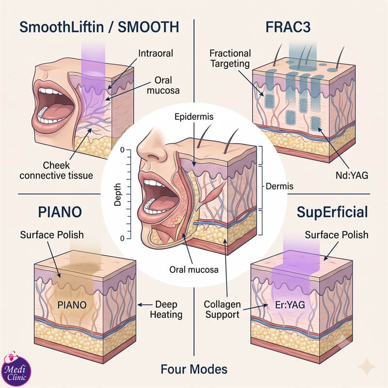 Diagram showing how Fotona 4D laser modes target skin layers Diagram showing how Fotona 4D laser modes target skin layers