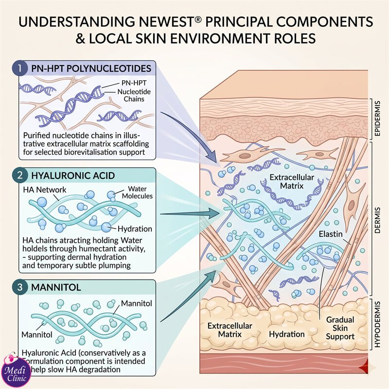 Diagram showing how NEWEST treatment targets skin hydration and elasticity in JB Diagram showing how NEWEST treatment targets skin hydration and elasticity in JB